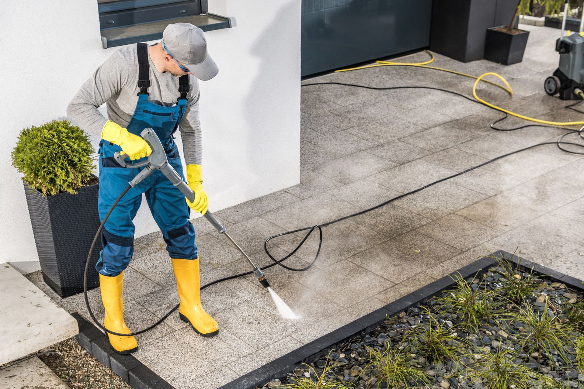 A person pressure washing a stone patio, wearing yellow gloves and boots.