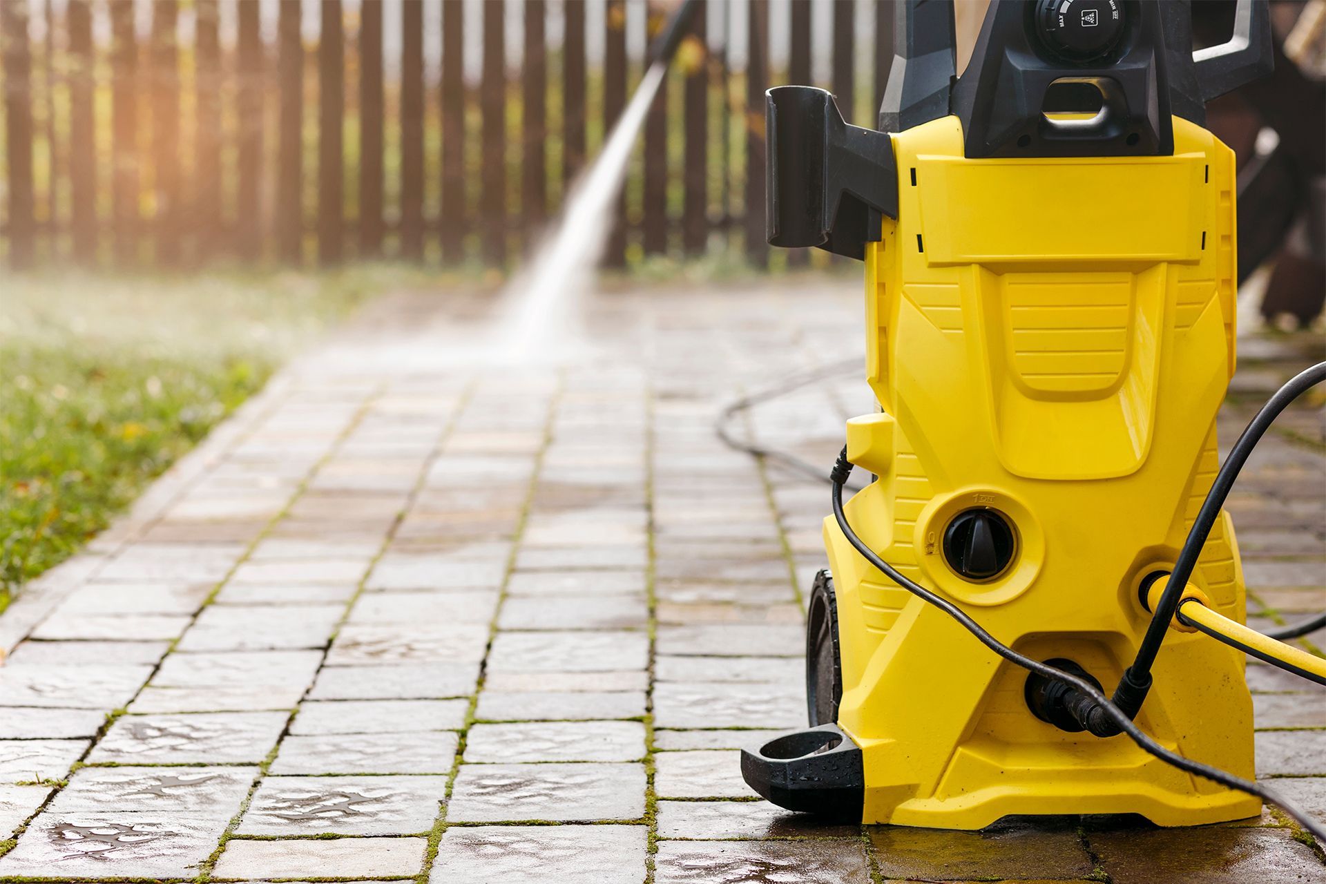 Yellow pressure washer cleaning a brick patio outdoors.