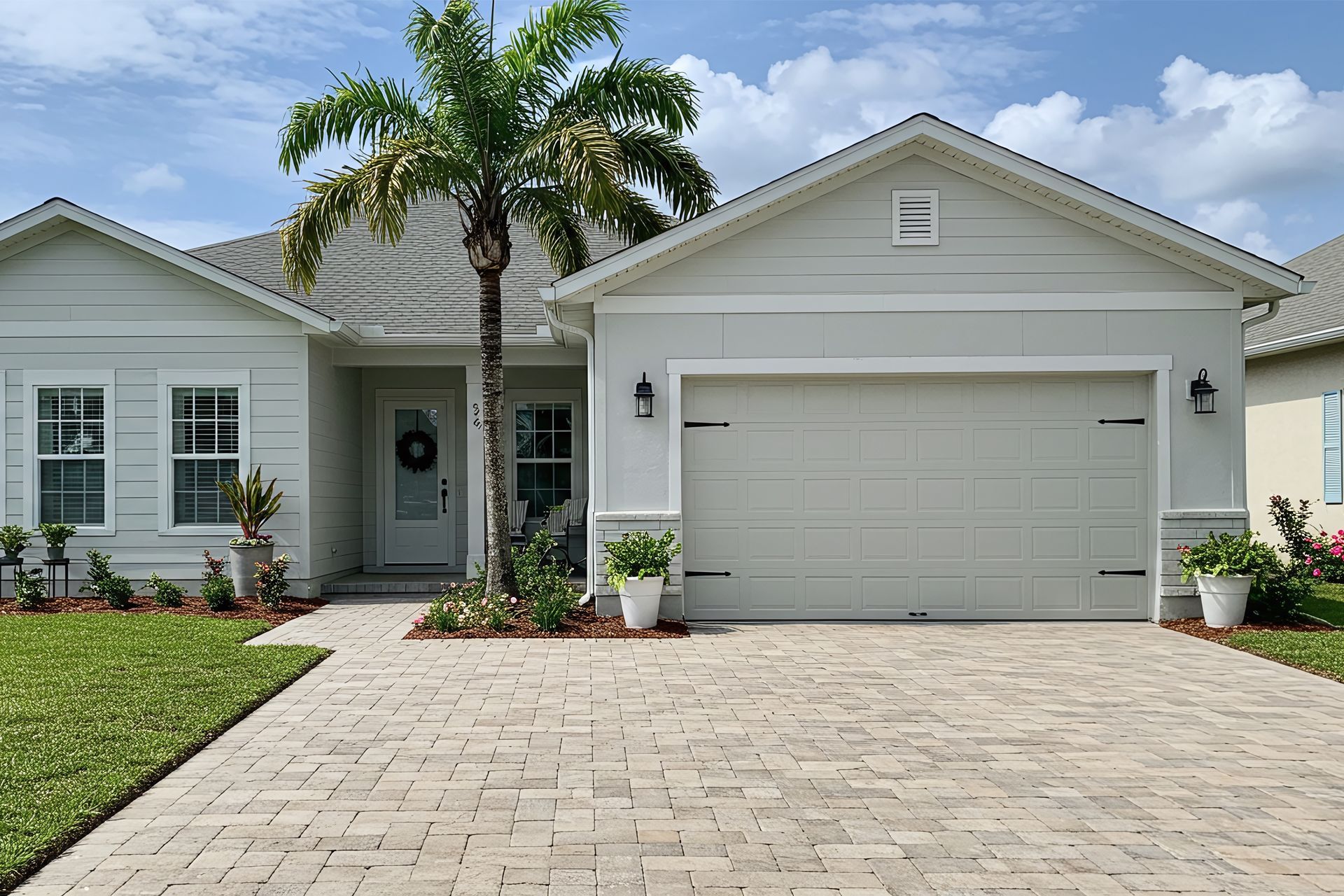 Light blue house with brick driveway, palm tree, and a two-car garage.