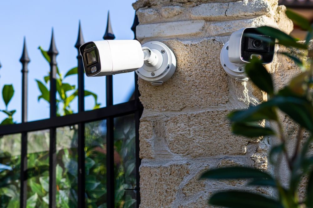 Two security cameras are mounted on a brick wall next to a fence.