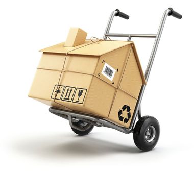 Hand truck with cardboard box as home isolated - moving supplies in McHenry, IL