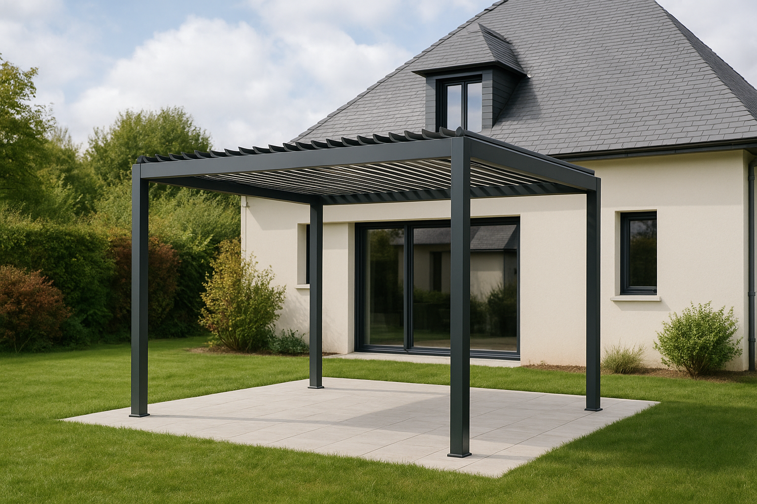 Une pergola bioclimatique grise moderne se dresse sur un patio dans une cour arrière herbeuse, avec une maison
