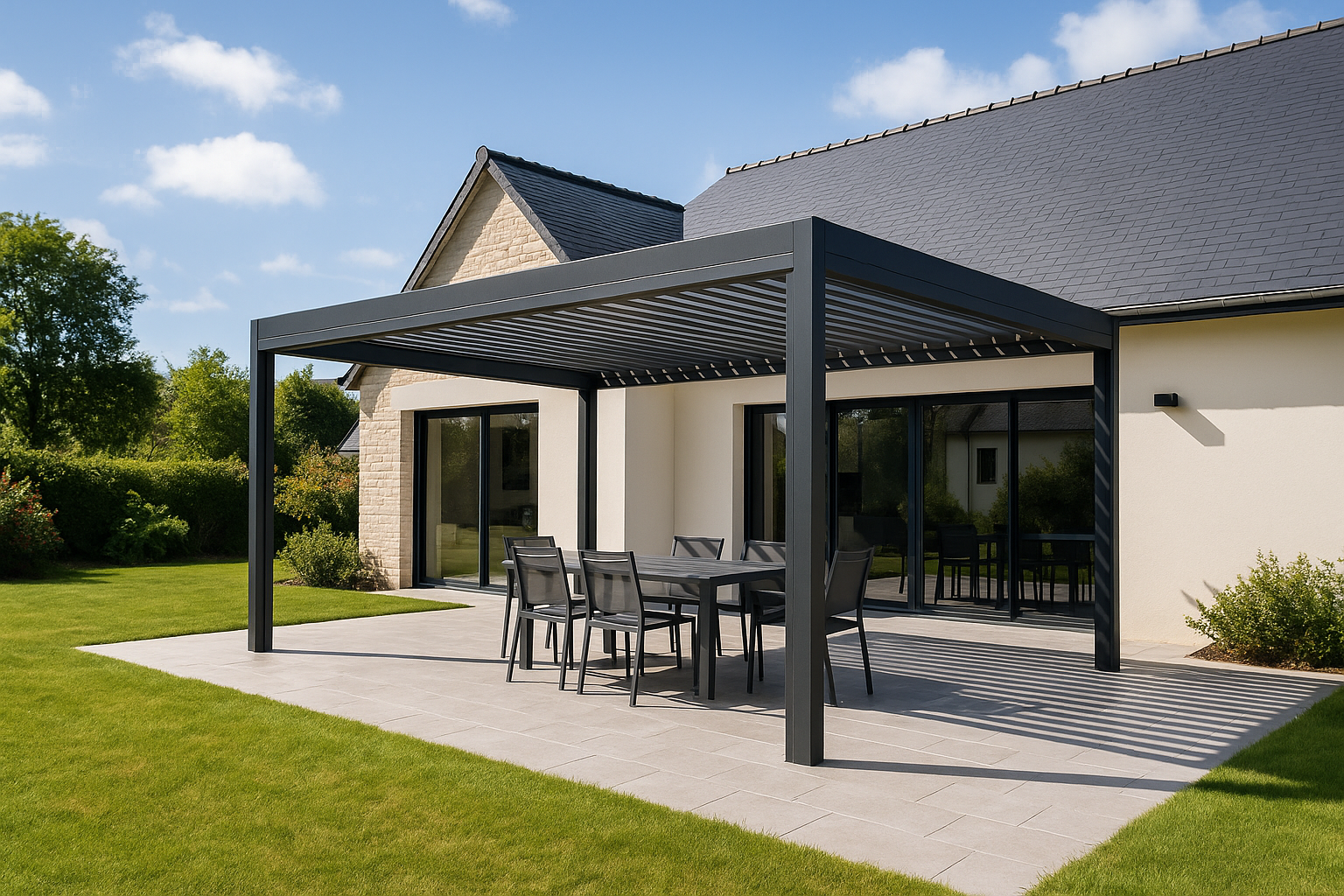 Pergola bioclimatique grise surplombant une terrasse avec table et chaises.