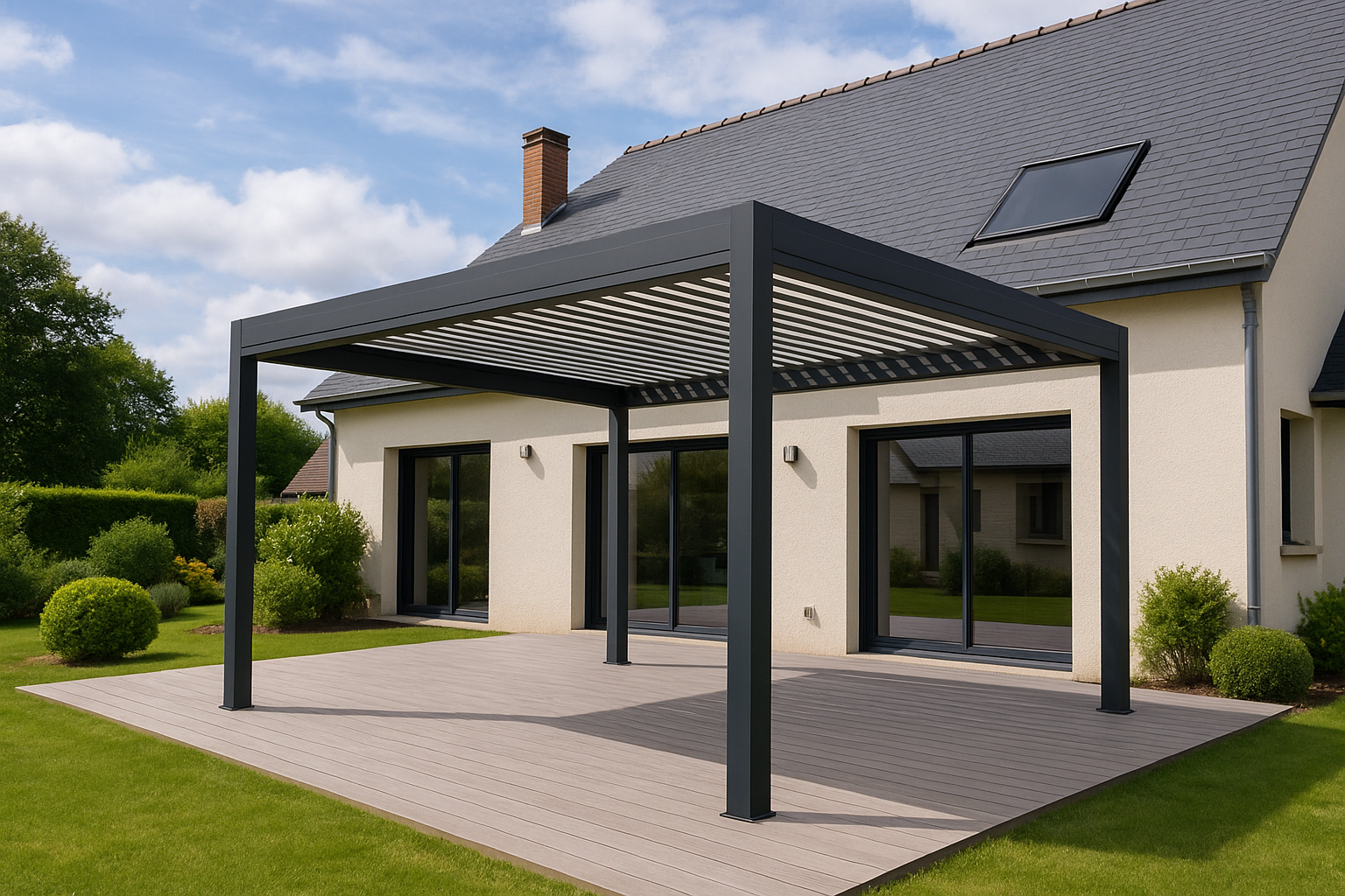 Pergola bioclimatique avec toit réglable ombrageant un patio à côté d'une maison de couleur claire avec toit foncé.