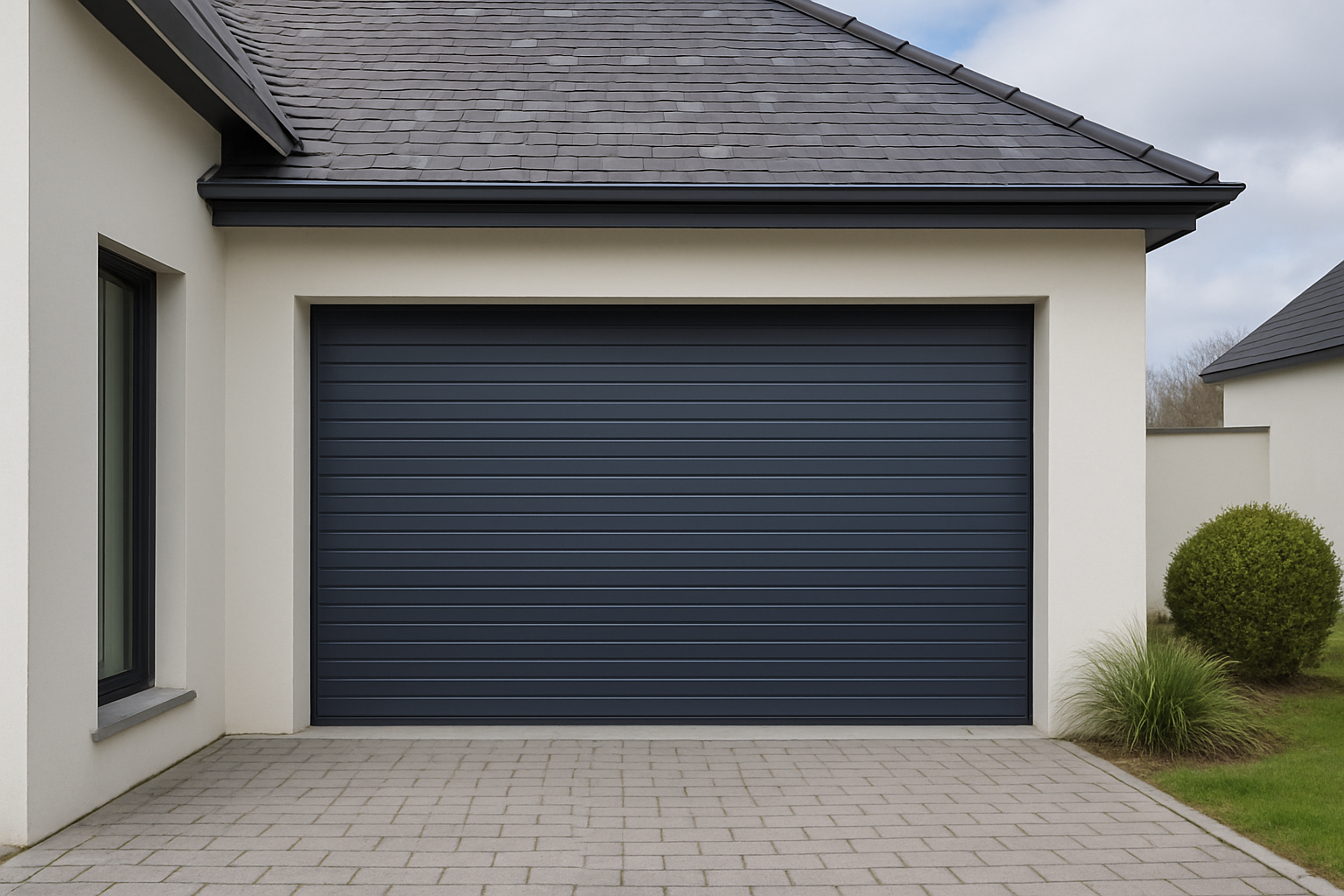 Porte de garage gris foncé sur un bâtiment de couleur claire, allée pavée et buissons verts devant.