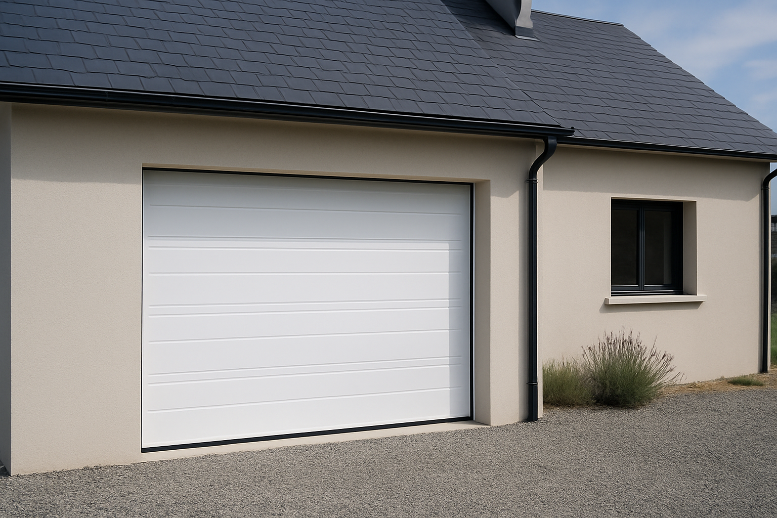 Porte de garage blanche sur une maison beige clair avec un toit gris foncé, une allée en gravier et une petite fenêtre.