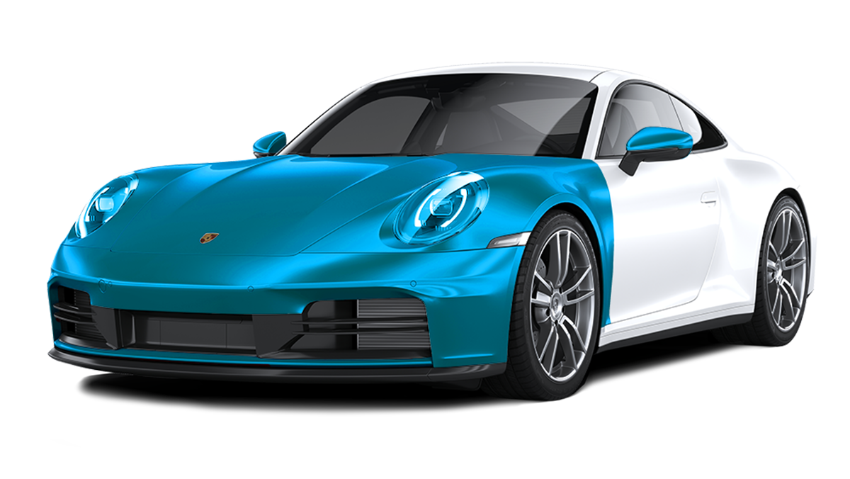 A white and blue porsche 911 gt4 rs is shown on a white background.