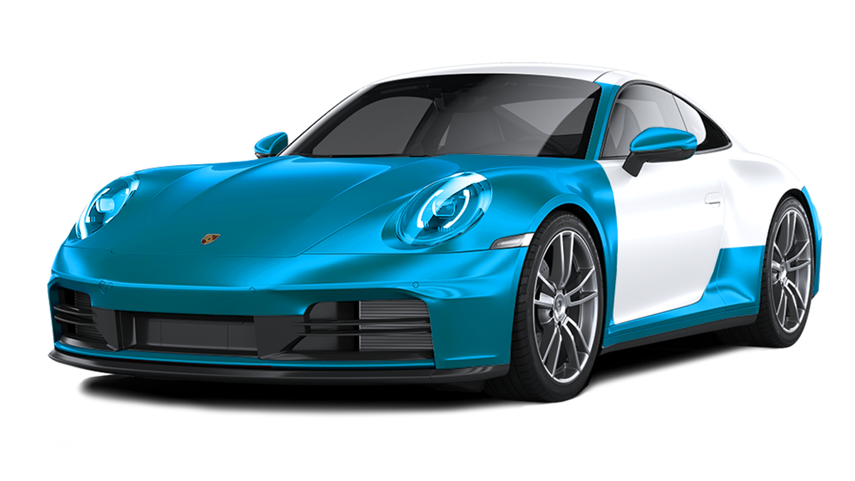 A blue and white sports car on a white background.
