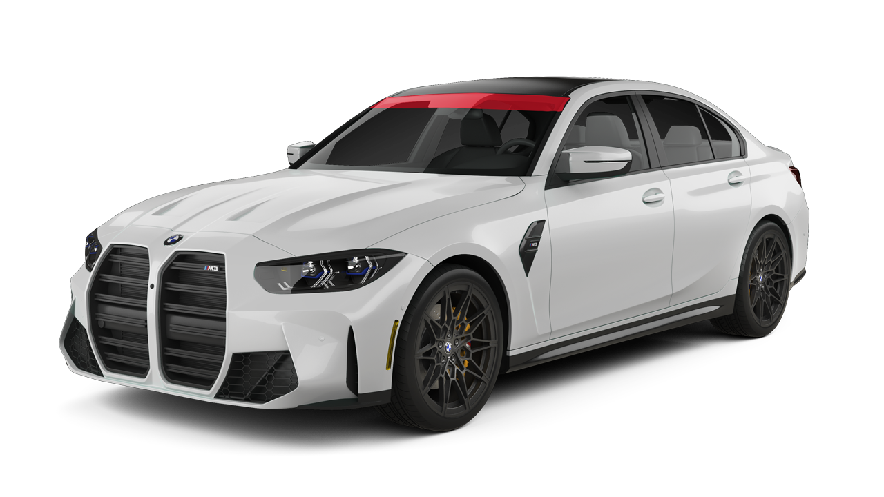 A white bmw m3 with a red windshield visor on a white background.