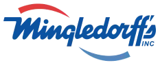 Logo for Mingledorff's Inc. in blue script with red and blue arched lines.