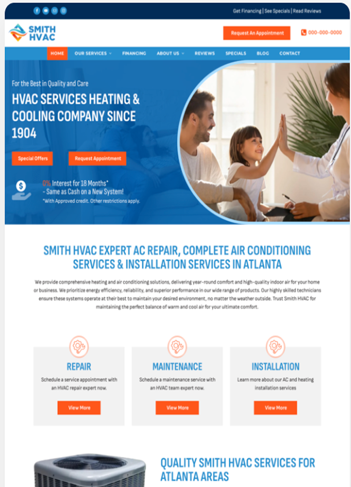 Website for Smith HVAC with family, text, and services listed.