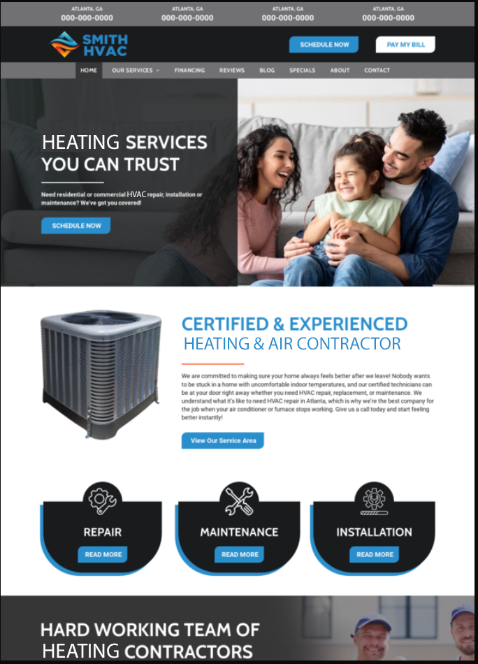Website promoting HVAC services. Features family, HVAC unit, service options.