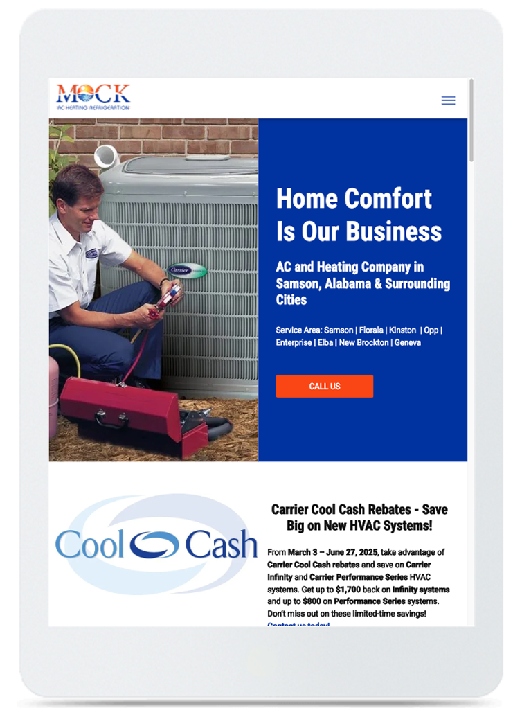 Man servicing AC unit, blue/orange ad on a tablet: 