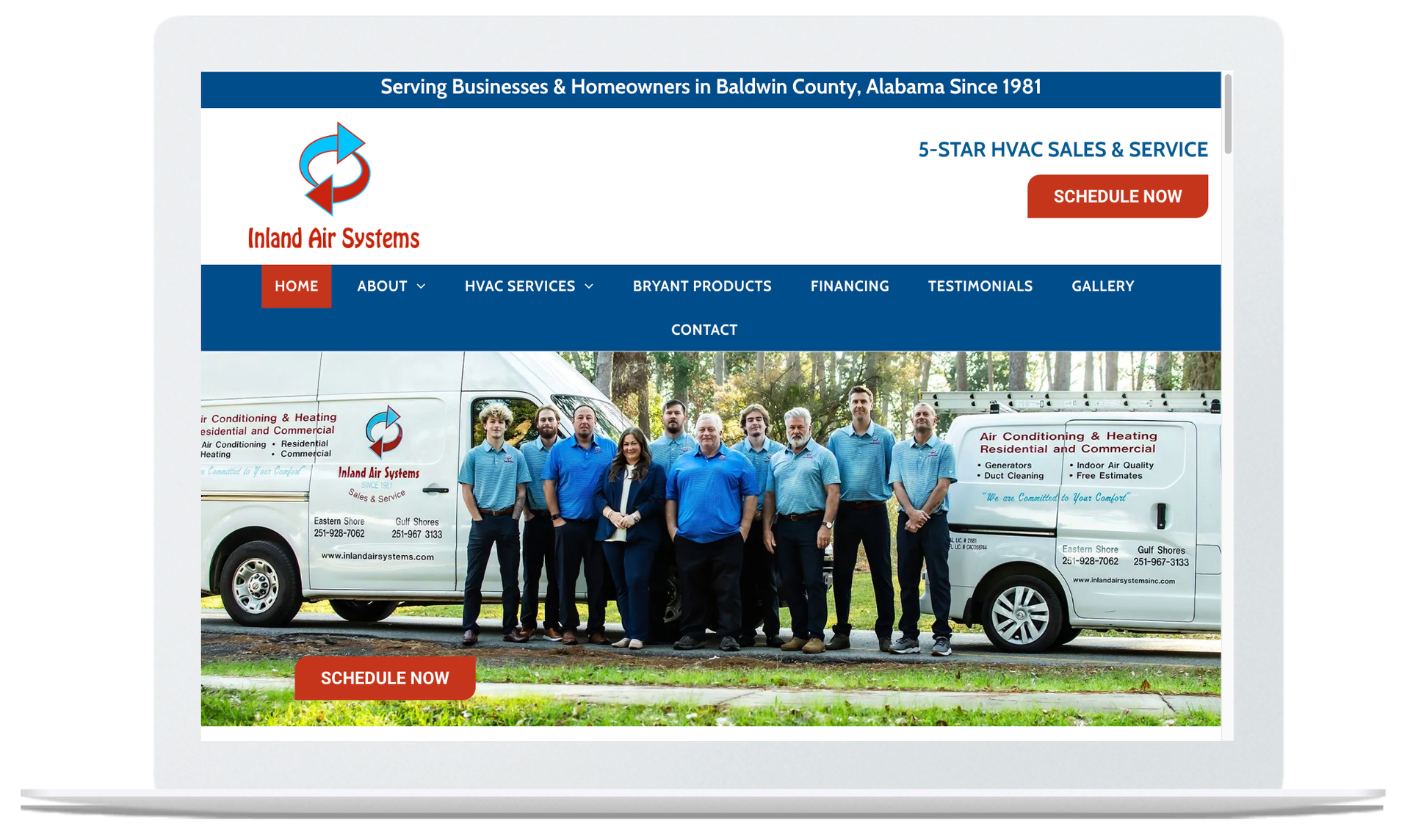 Website homepage for Island Air-Southern, featuring a group of employees in front of service vans.