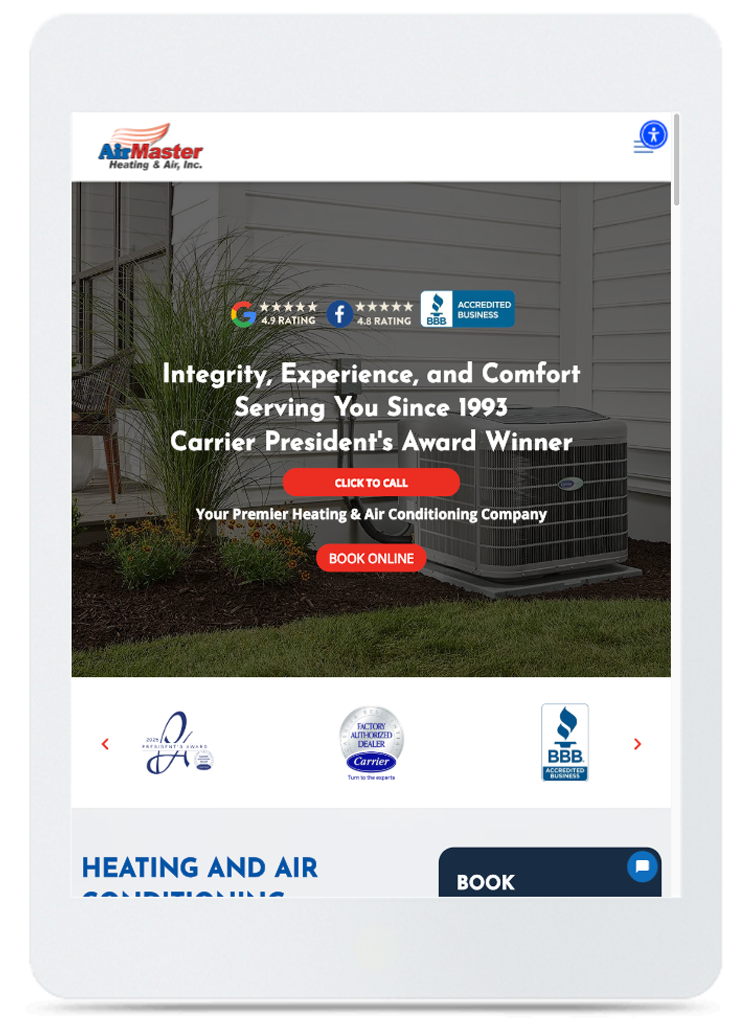 AirMaster HVAC website.  Text: Integrity, Experience, and Comfort. Carrier President's Award Winner.  Book heating & air.