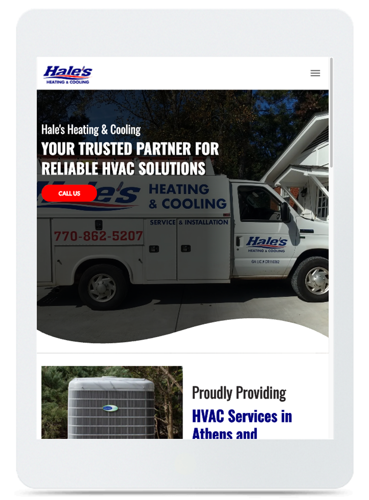 Hale's Heating & Cooling website on tablet showing a service truck and HVAC unit. Text: Reliable HVAC solutions in Athens.
