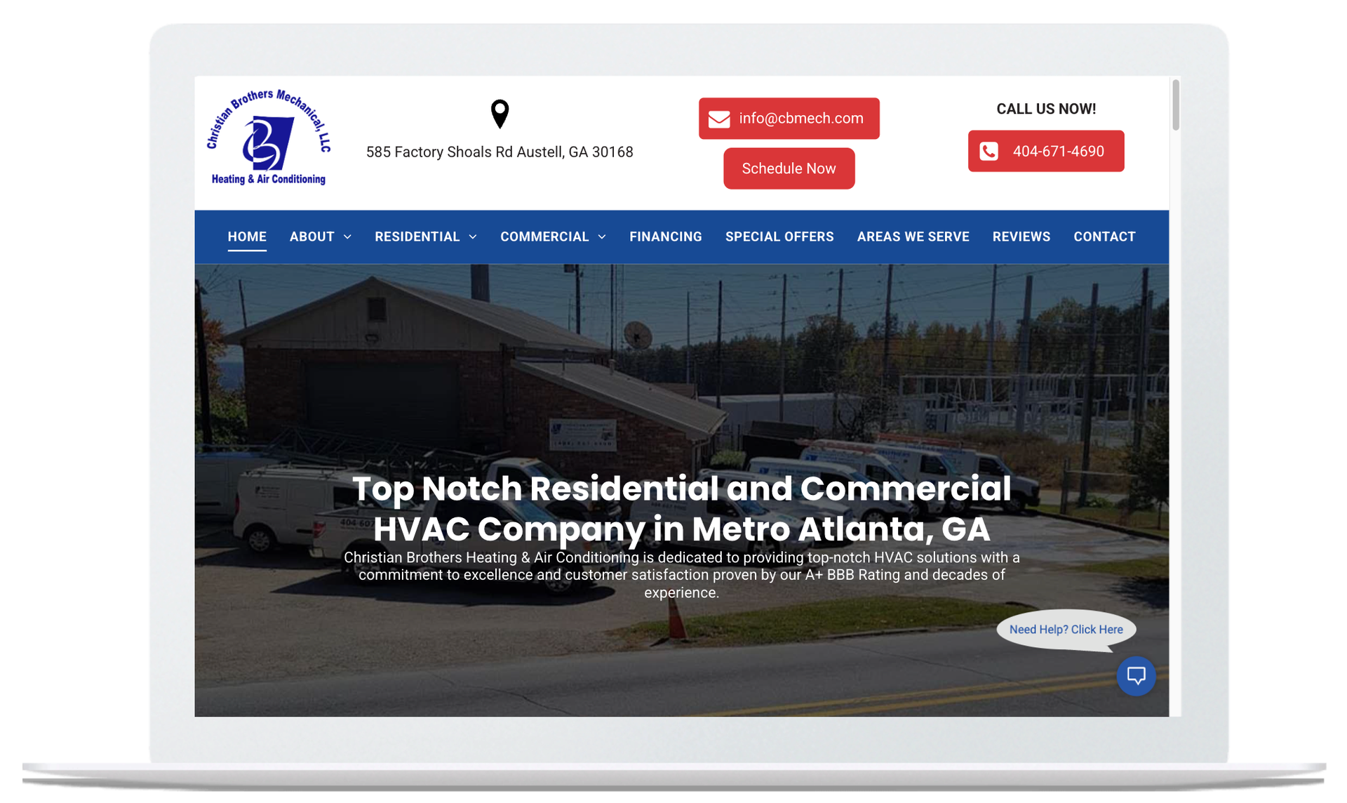 Website homepage displayed on a laptop screen; HVAC company serving Metro Atlanta, GA.
