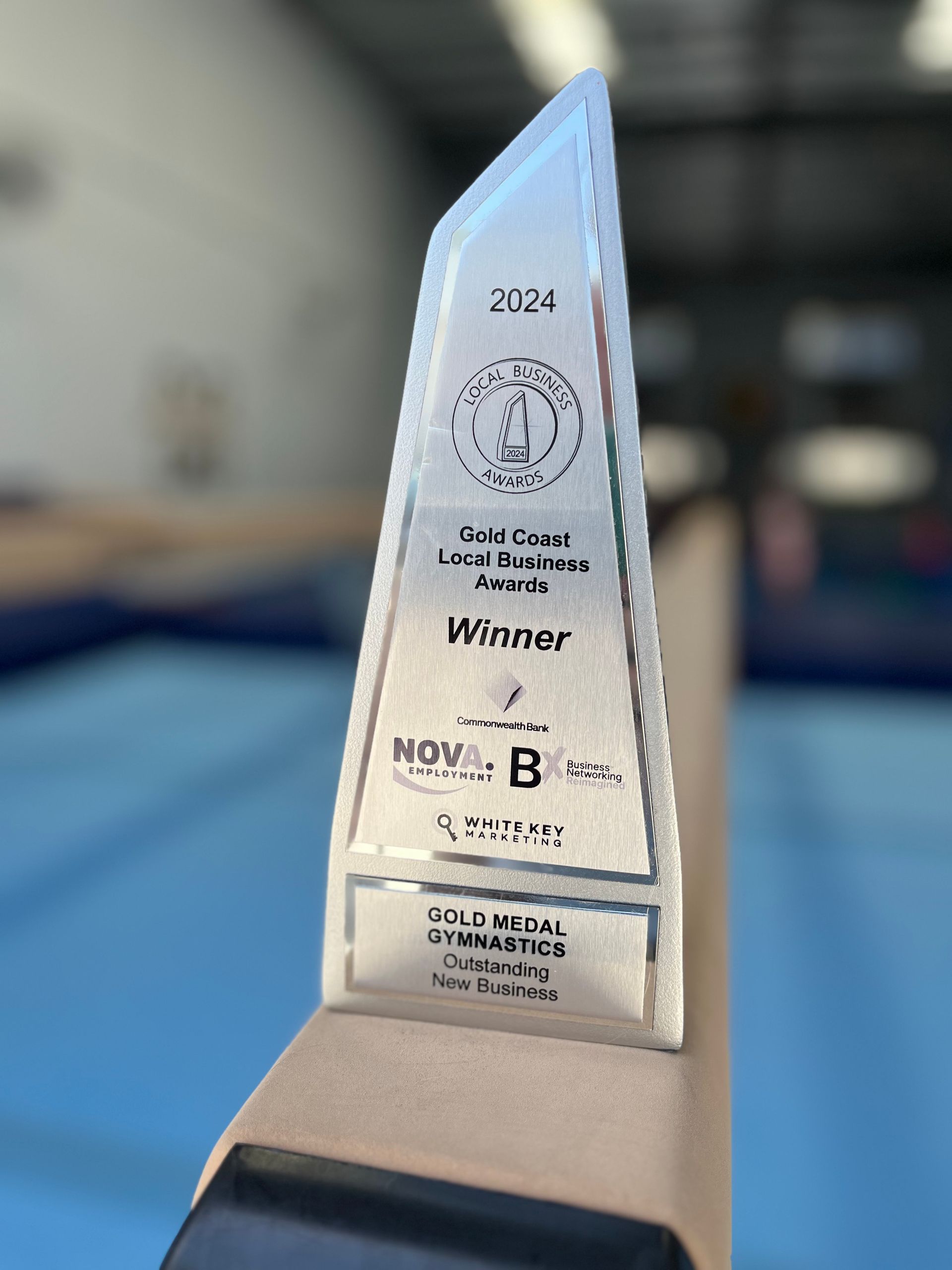 Trophy on a Balance Beam Silver and Inscribed With 2023 — Gold Medal Gymnastics In Molendinar, QLD