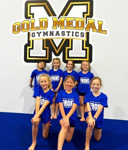 A Group Of Young Girls Are Posing In Front Of A Gold Medal Gymnastics Logo  — Gold Medal Gymnastics In Gold Coast, QLD