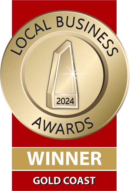 A gold badge that says local business awards winner gold coast.