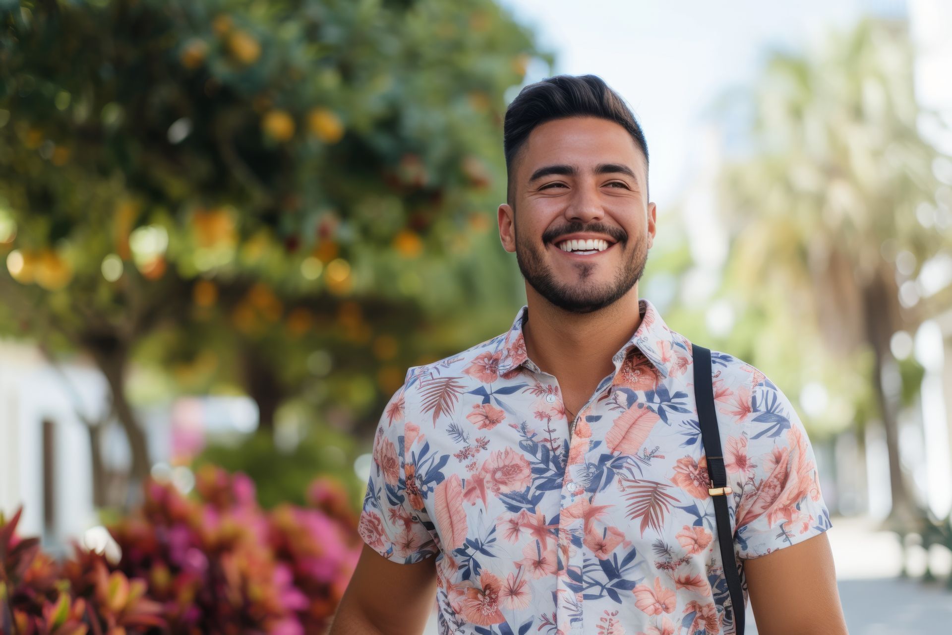 man smiling outside springtime