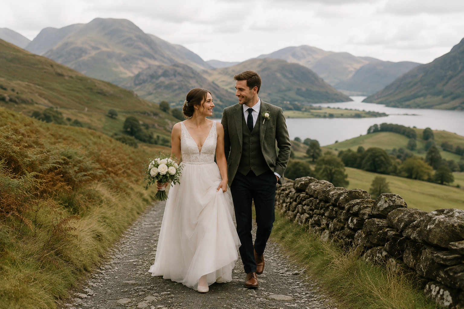 Bride and groom walking through Lake District countryside captured on cinematic wedding film in Cumbria