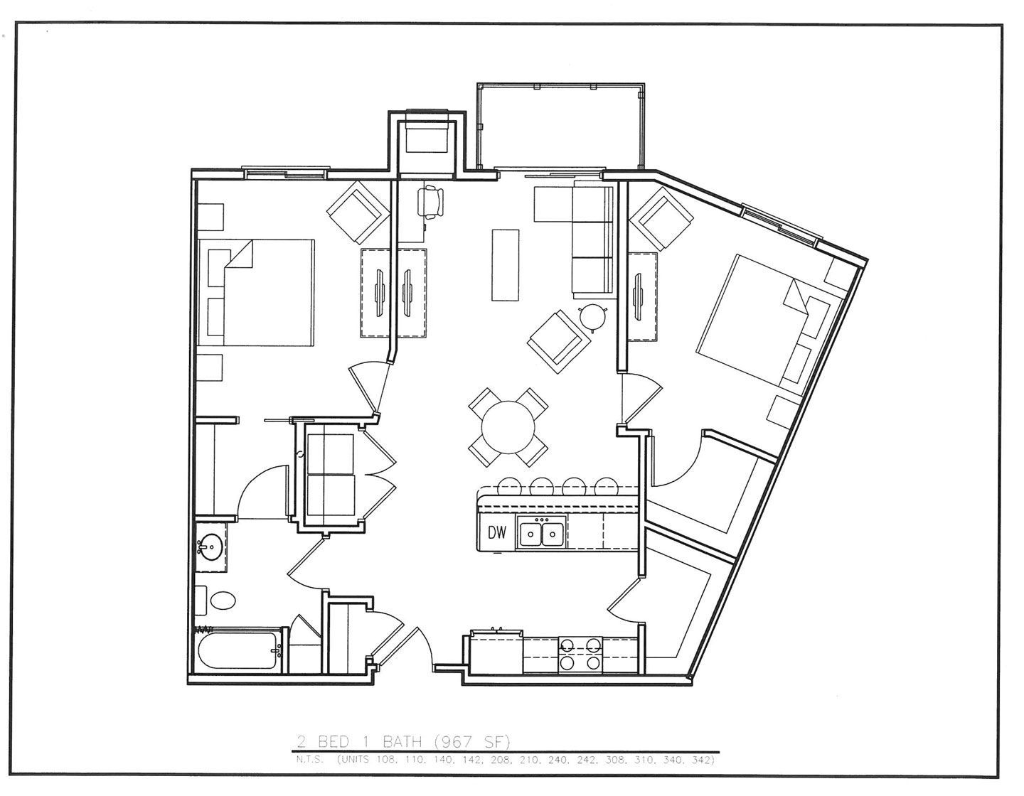Floor Plan: 2 Bed · 1 Bath · 967 SF