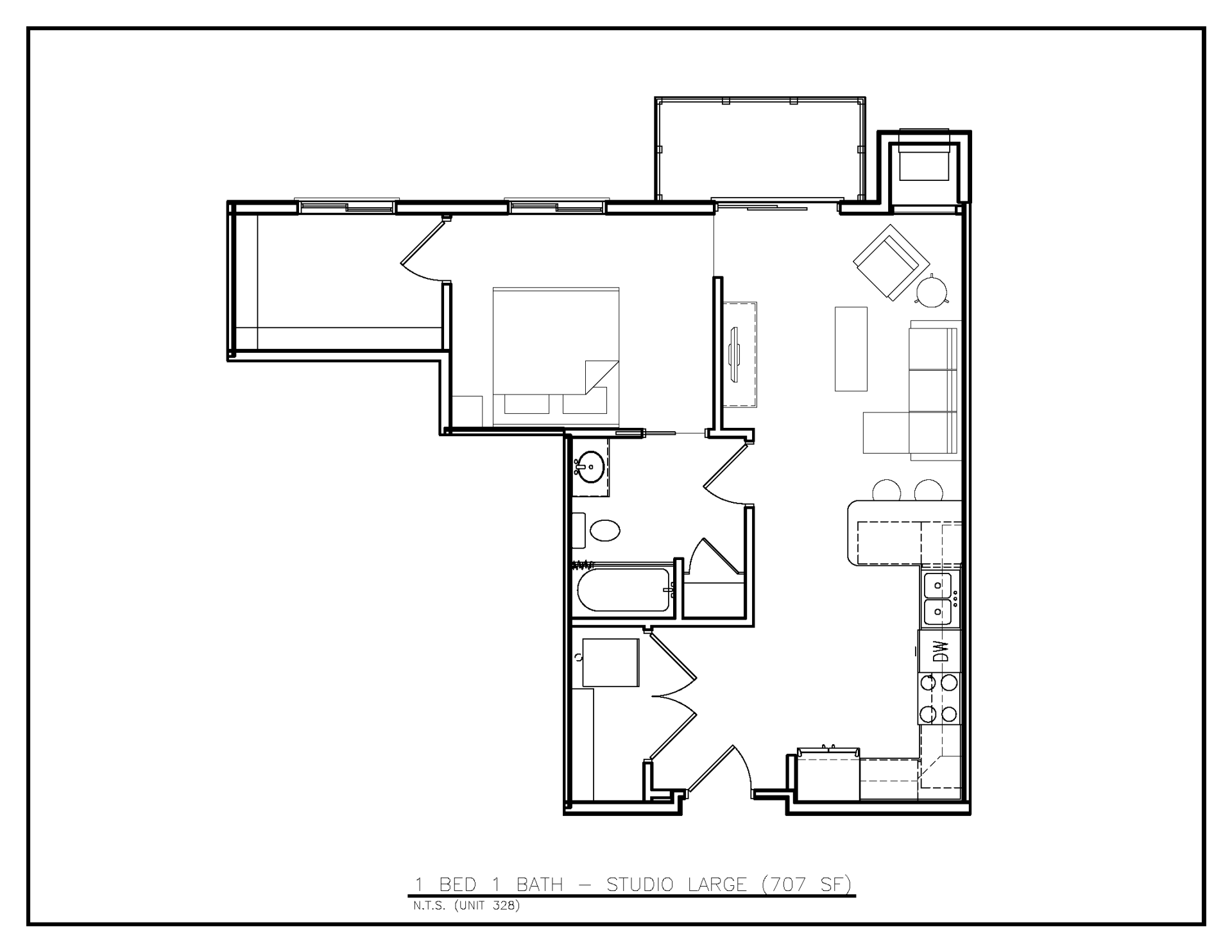 Floor plan: 1 Bed · 1 Bath · Studio-Large · 707 SF