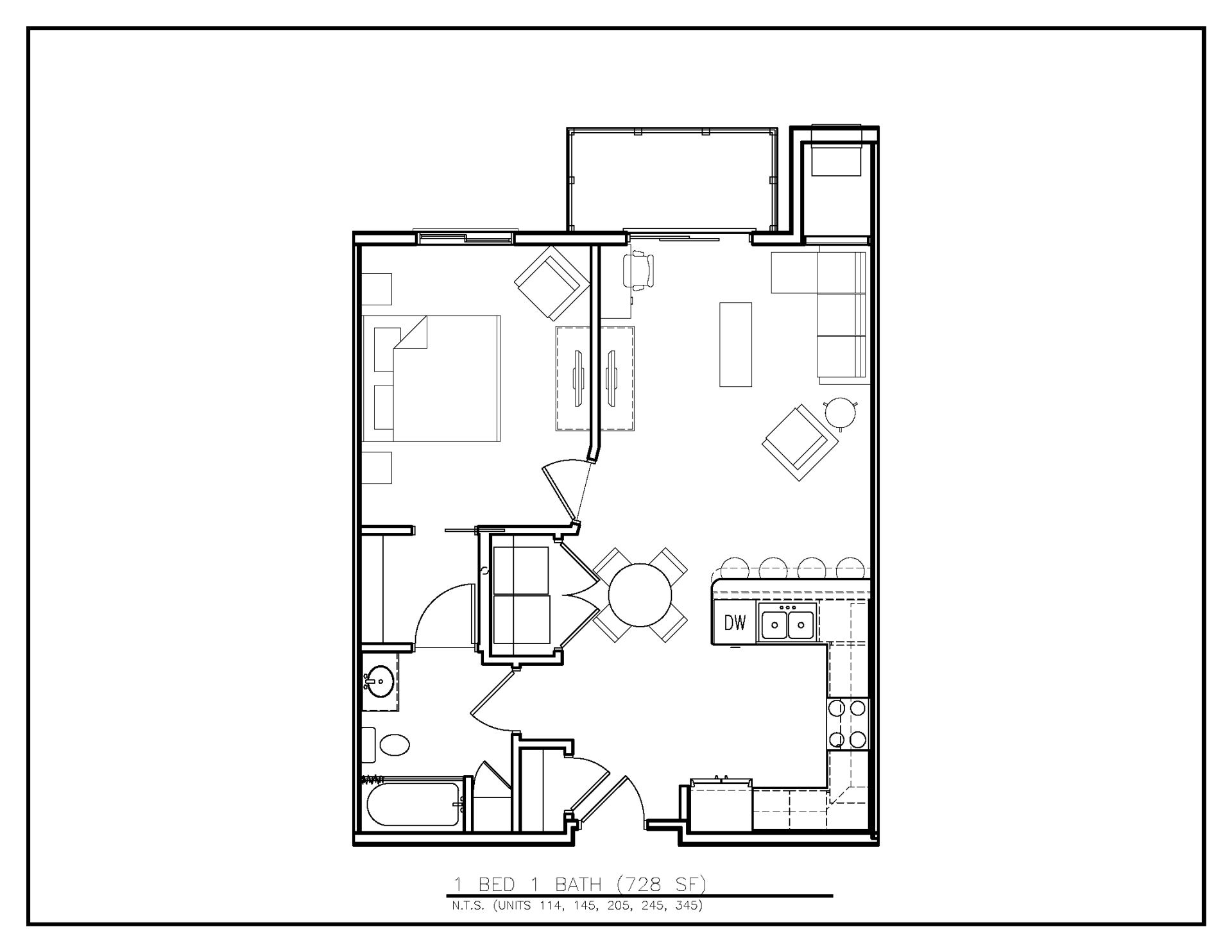 Floor Plan: 1 Bed · 1 Bath · 728 SF