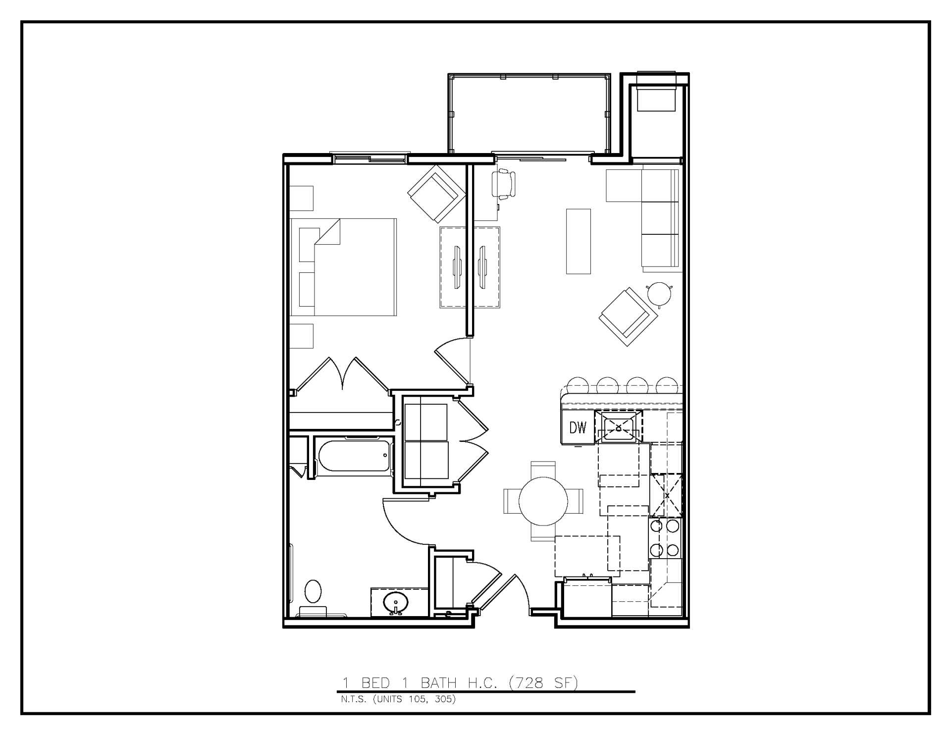Floor Plan: 1 Bed · 1 Bath · 728 SF