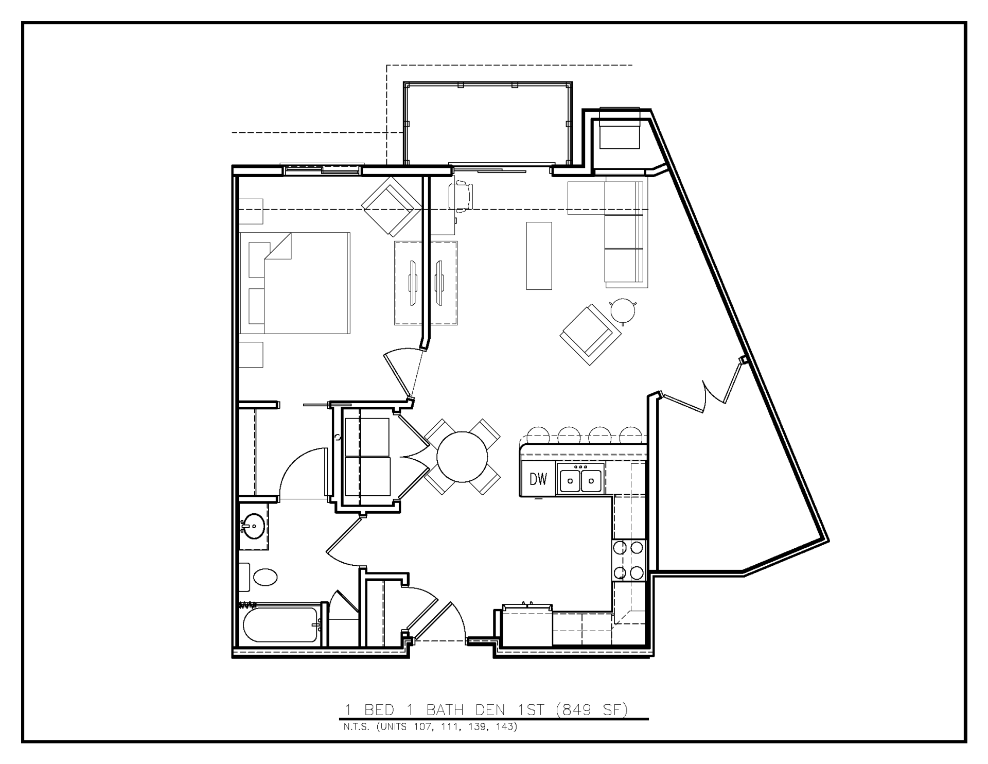 Floor Plan: 1 Bed · 1 Bath · Den · 849 SF