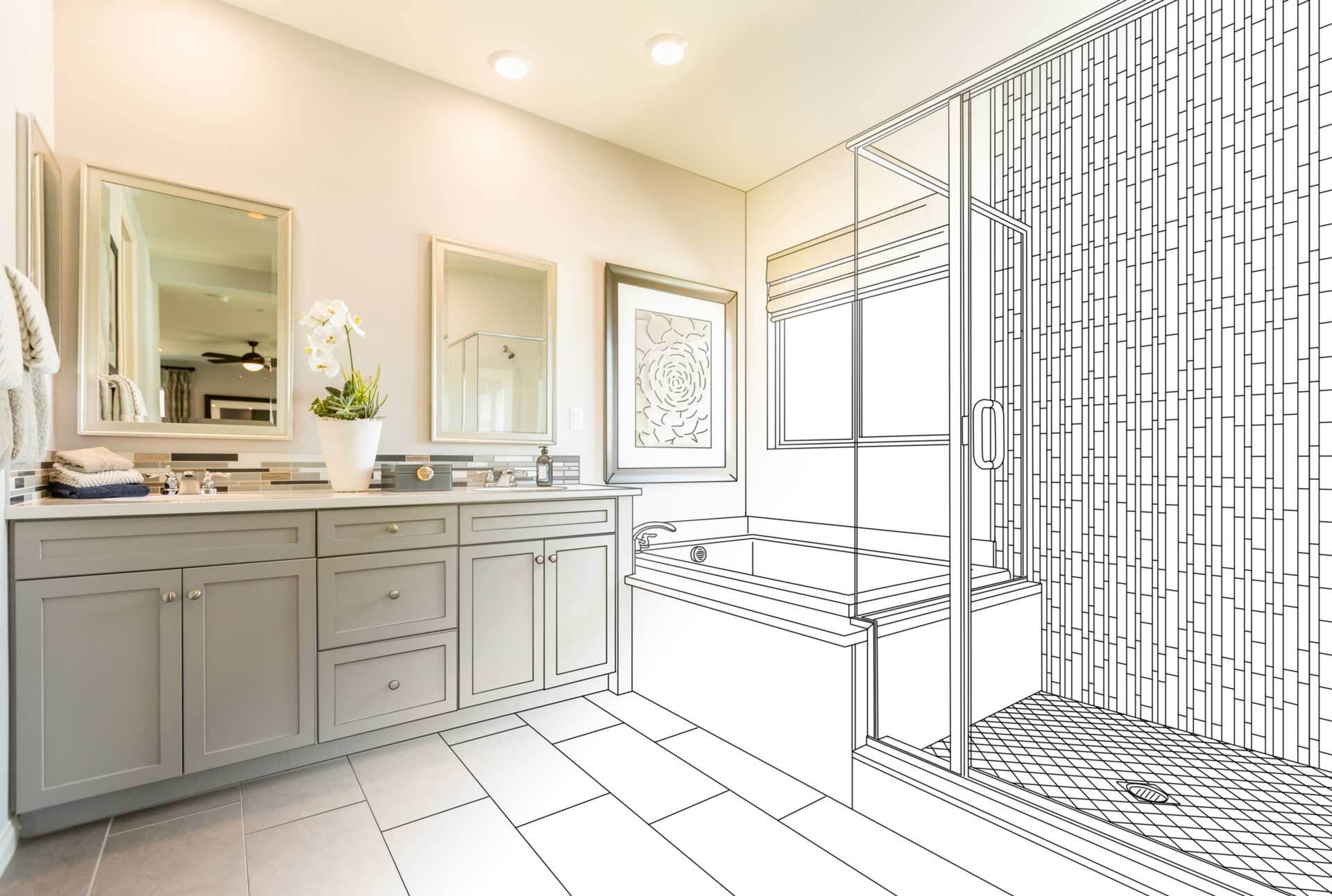 A black and white drawing of a bathroom with a walk in shower.