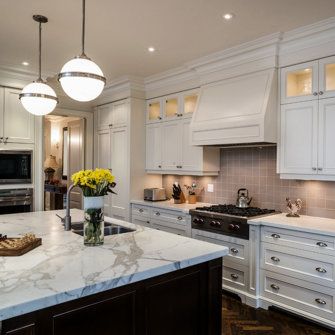 A kitchen with white cabinets and a marble counter top