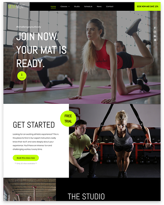 Gym website homepage with women exercising, bold “Join now” and “Get started” sections
