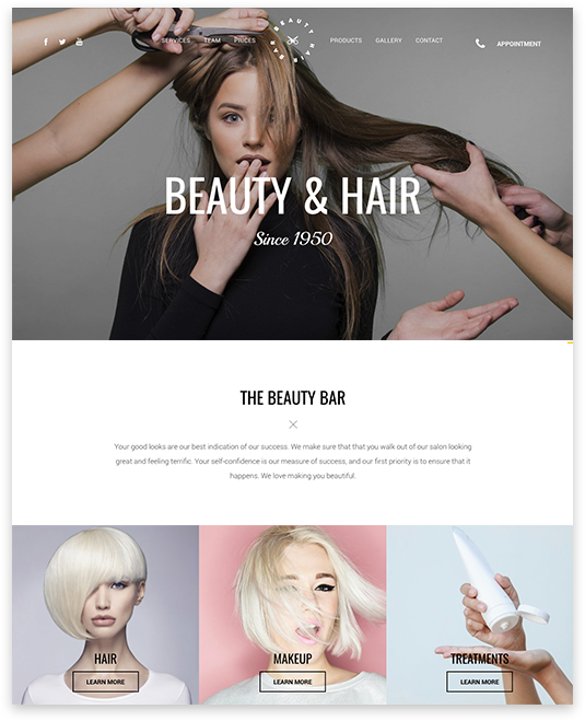 Beauty and Hair salon homepage with stylized models, service section, and product thumbnails