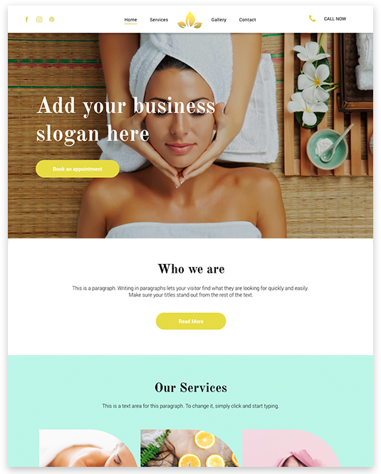 Spa website homepage with woman receiving a facial massage and the text “Add your business slogan here”