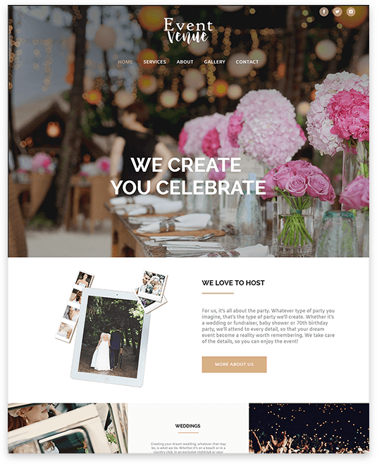 Event planner website homepage with pink flowers and “We create, you celebrate” hero banner