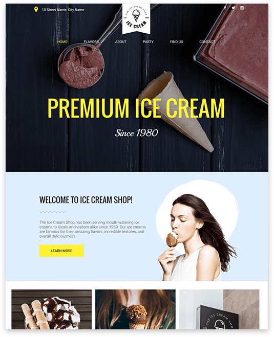 Ice cream shop webpage with “Premium Ice Cream,” vanilla cone, and woman eating ice cream