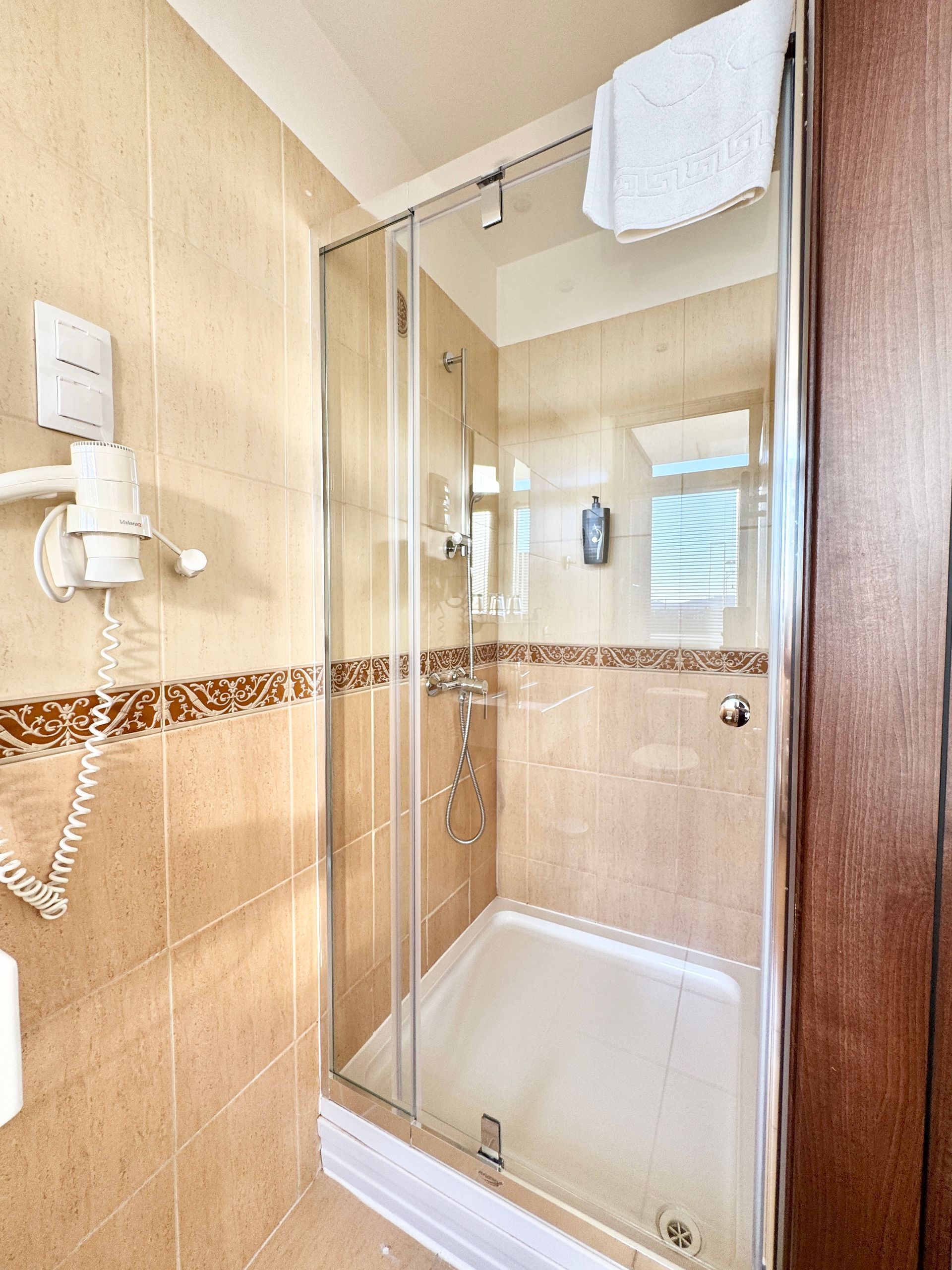 A bathroom with a shower and a hair dryer