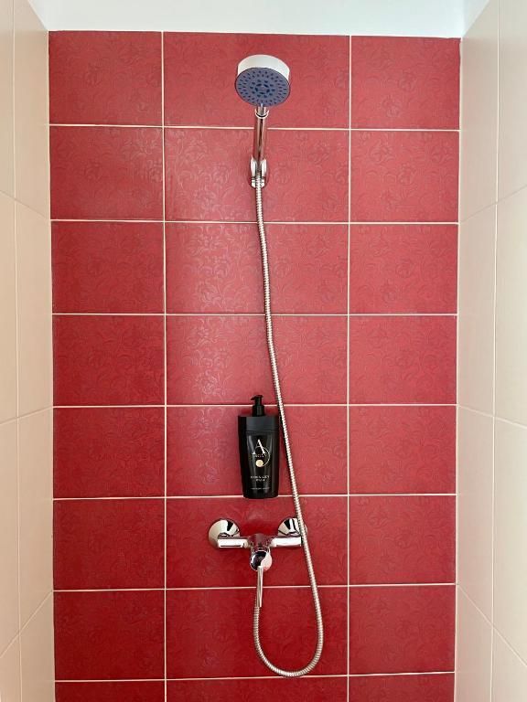 A shower with red tiles and a shower head