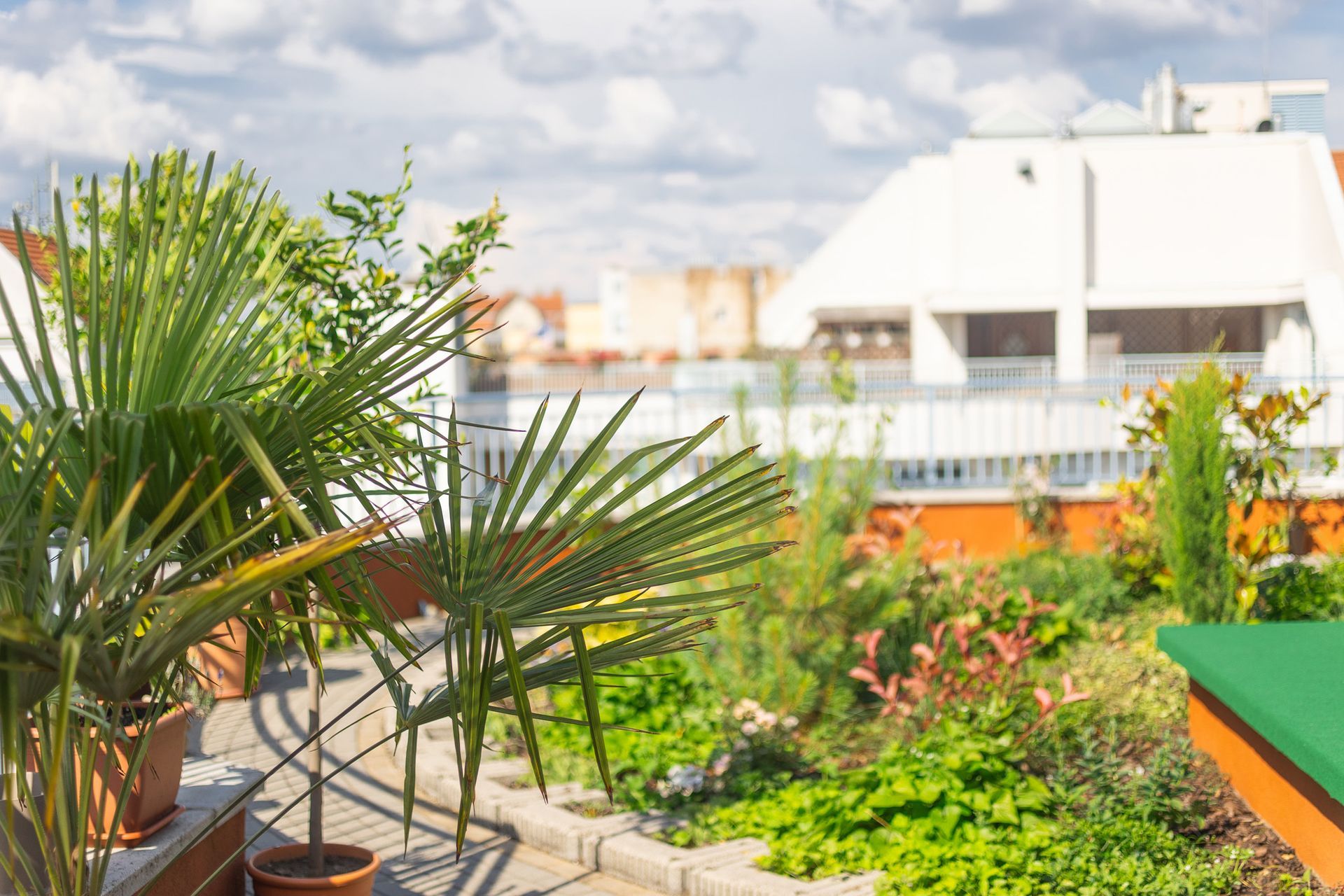 A rooftop garden with potted plants and a pool table.
