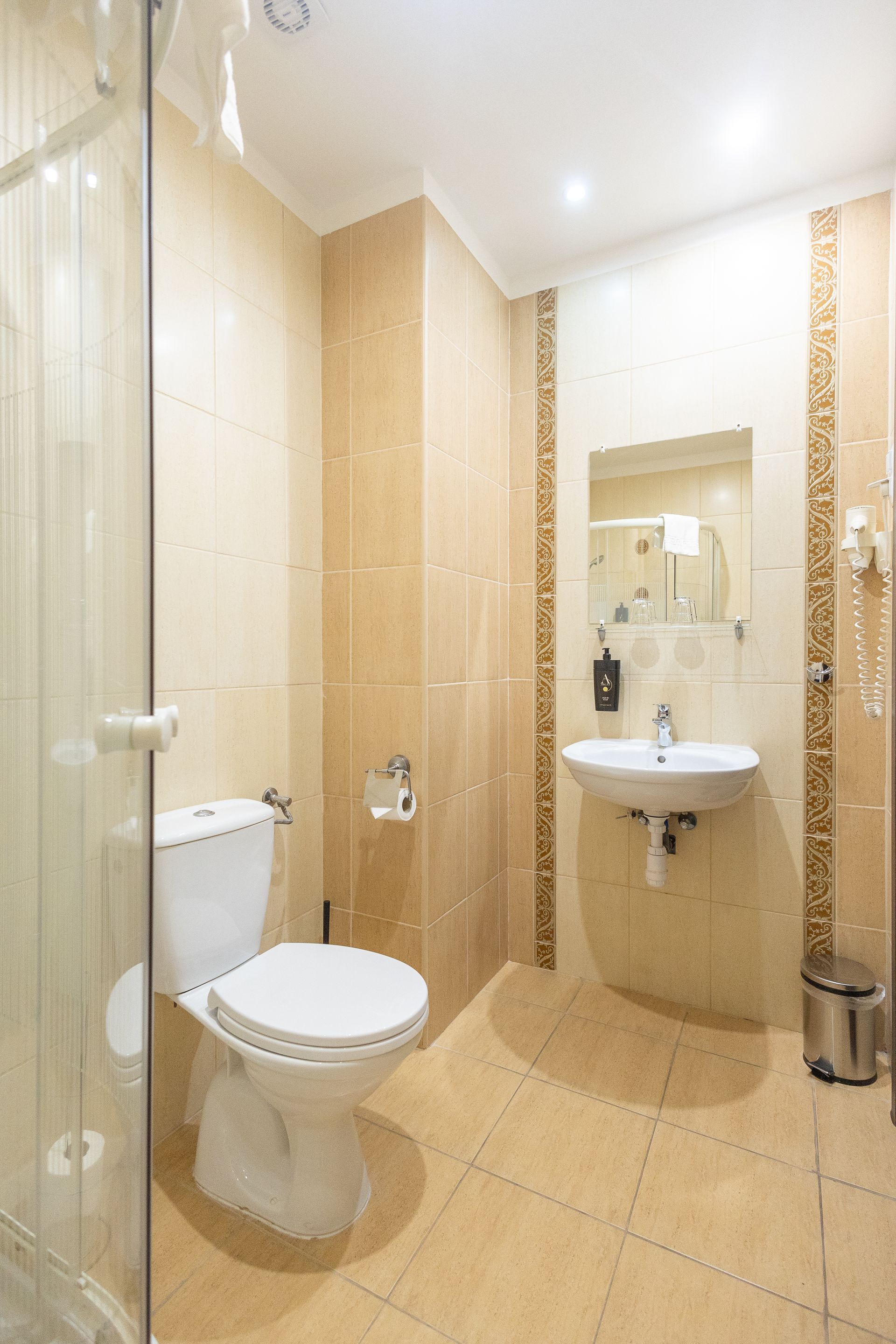 A bathroom with a toilet , sink and shower.