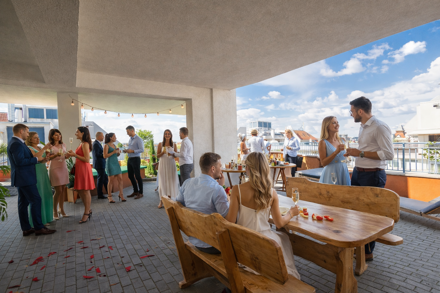 People at an outdoor gathering on a rooftop terrace, holding drinks, some seated, blue sky.
