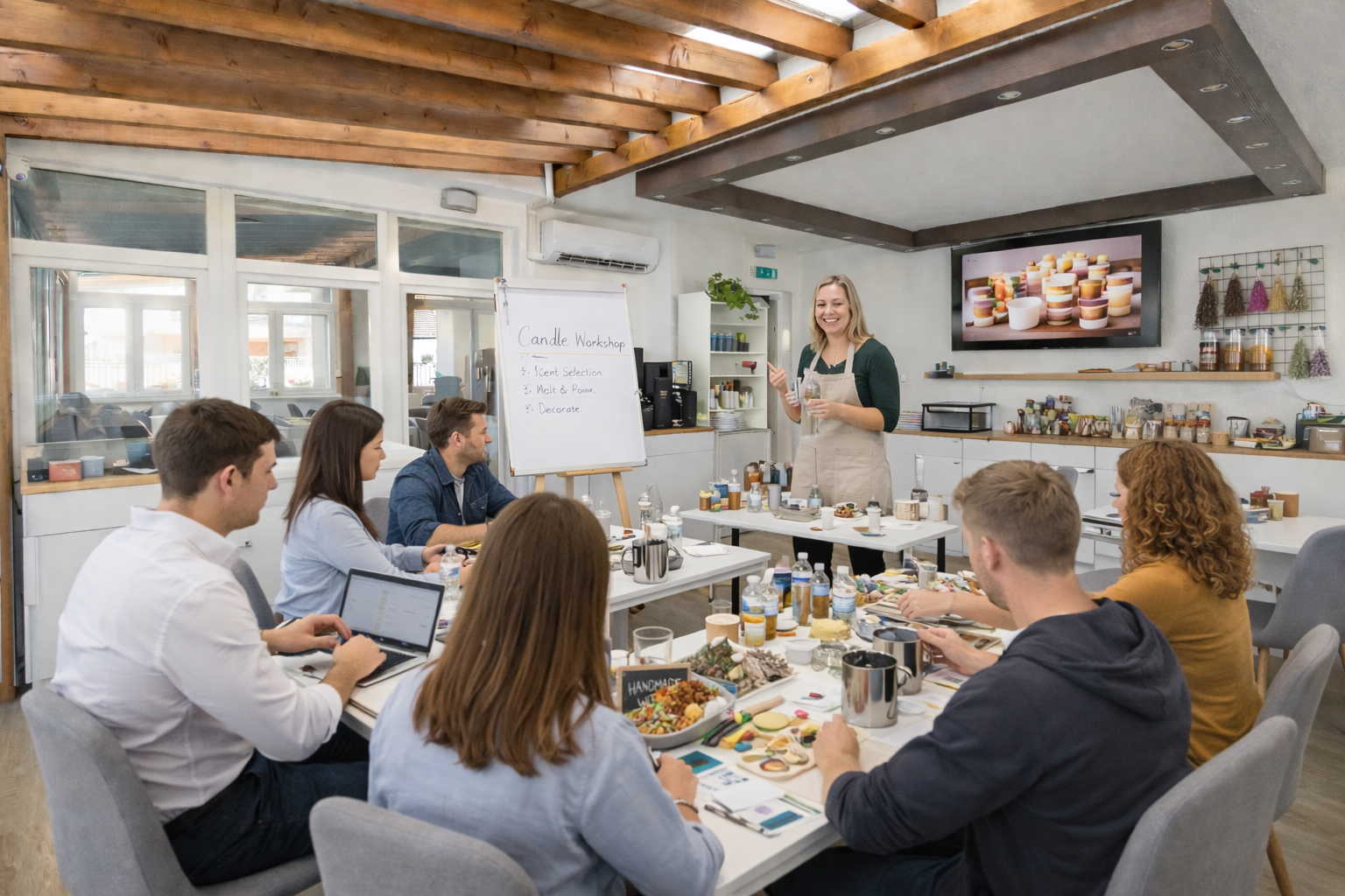 Group attends a workshop; instructor leads at a table with materials. Bright room, wooden ceiling.