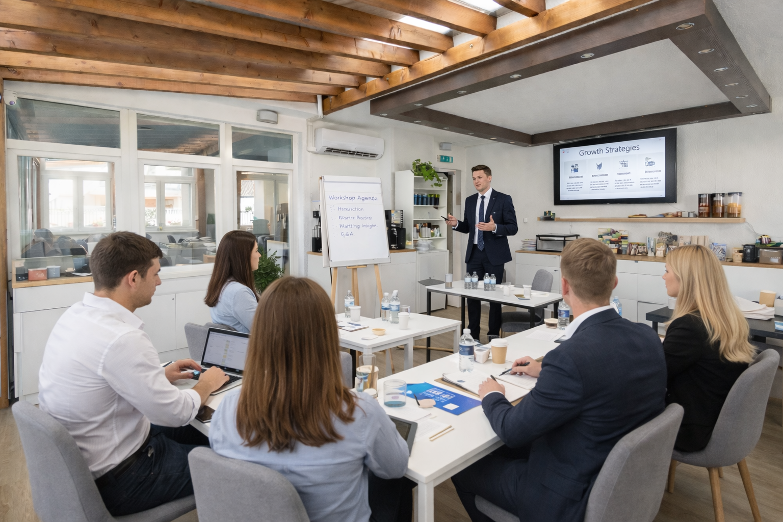 Business training session: presenter in suit gestures, whiteboard, screen with notes; attendees at tables with laptops.