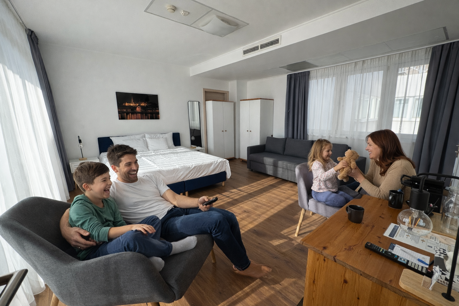 Family relaxing in a hotel room with a TV, bed, and sofa.