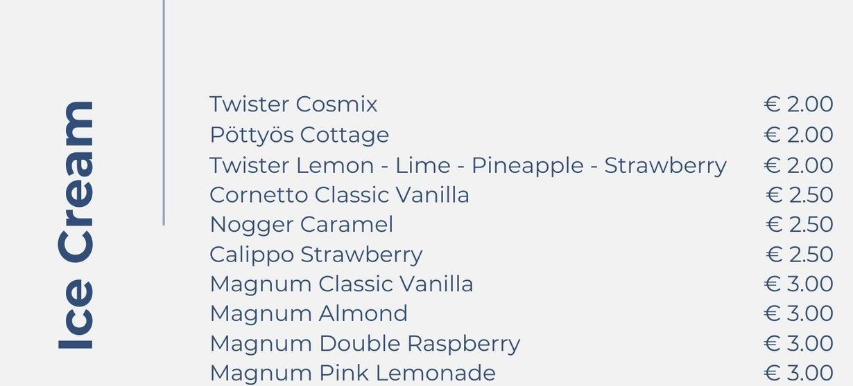 Ice cream menu: Twister, Cornetto, Magnum, and other ice cream flavors, prices from €2.00 to €3.00.