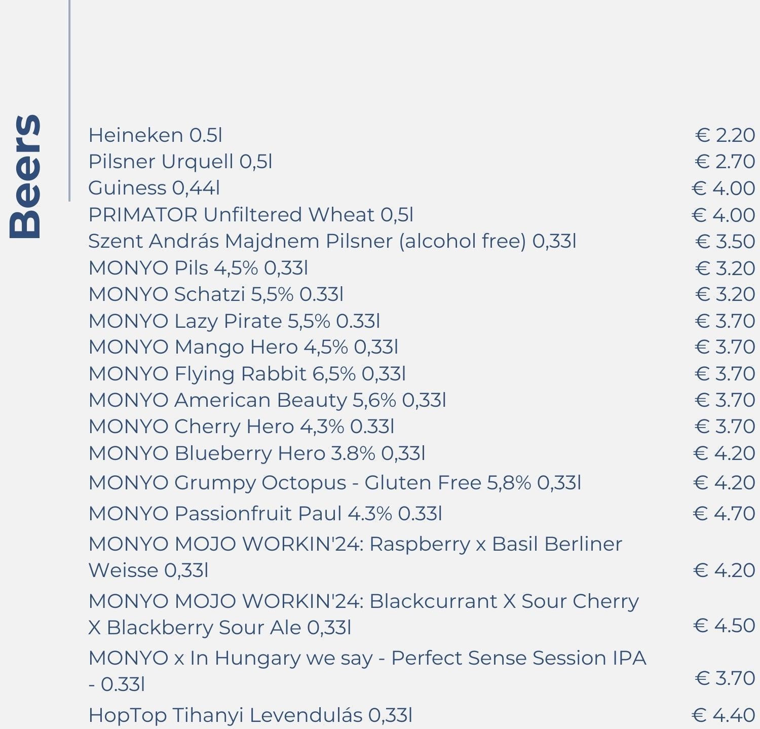 A list of beers including heineken and guiness