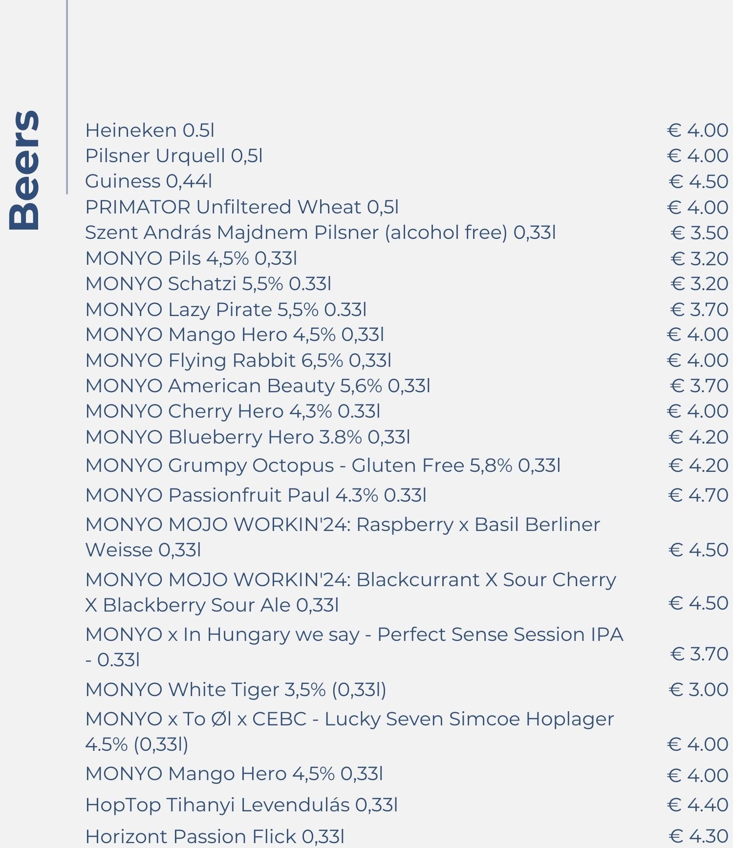 A list of beers including heineken and guiness
