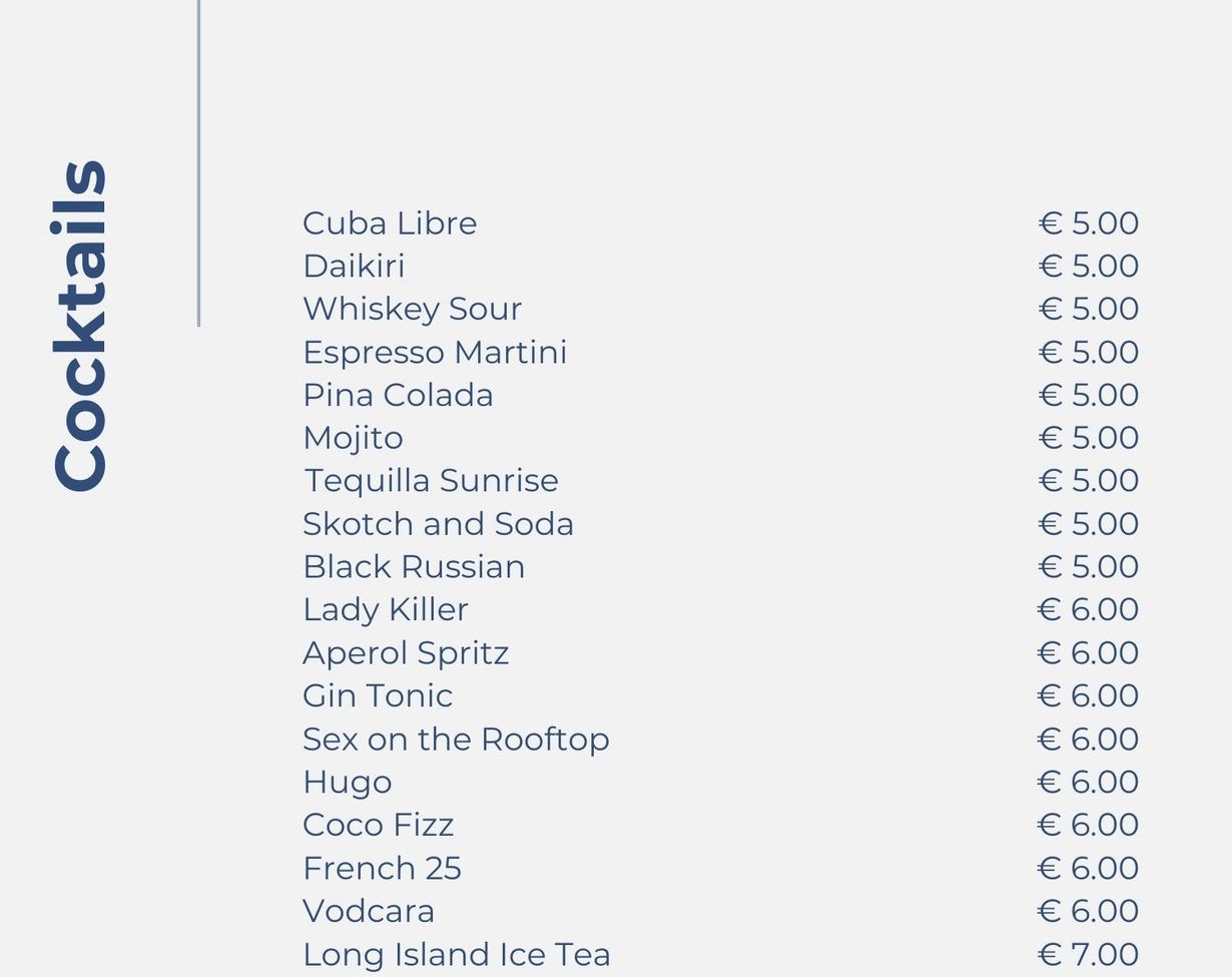 Cocktail menu with a list of drinks and prices, primarily €5.00 and €6.00.
